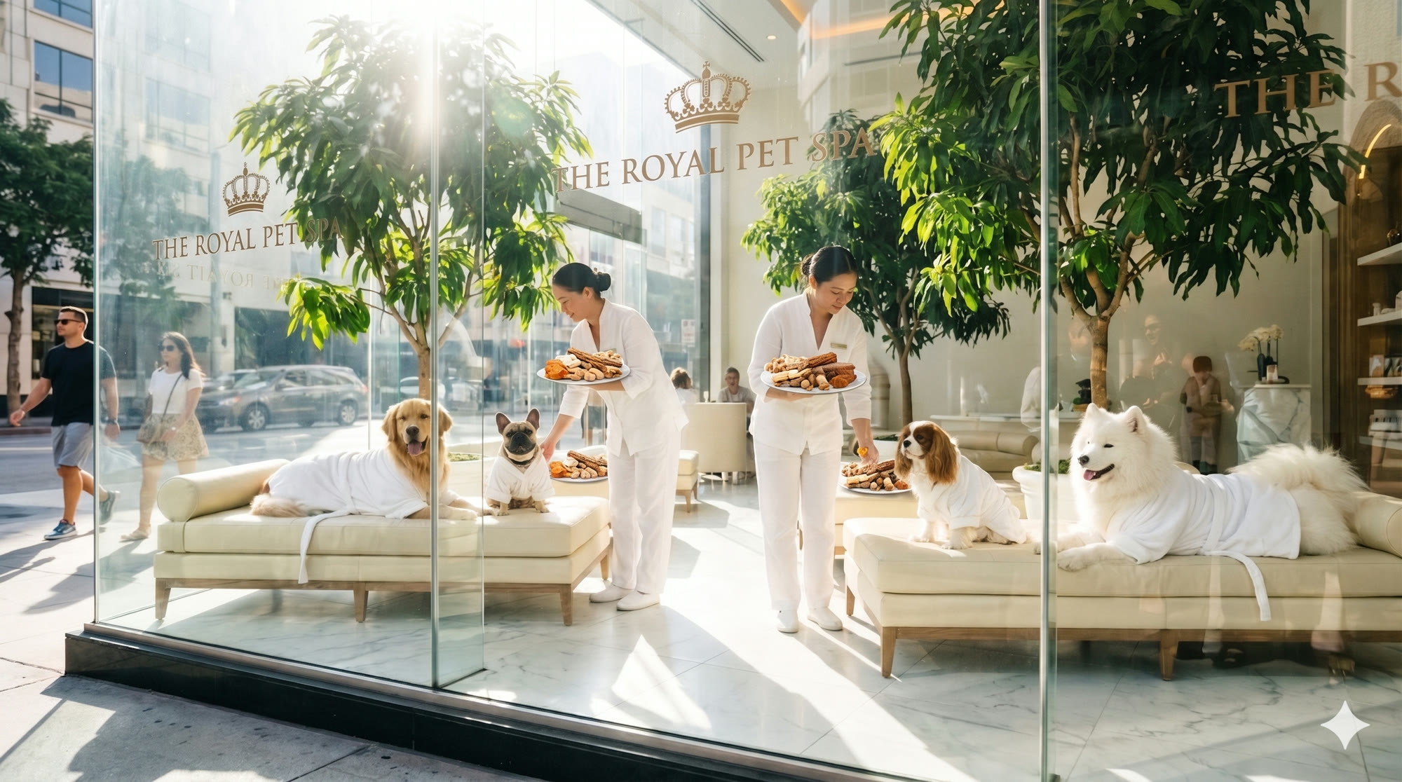 Dogs being served treats at a luxury pet spa