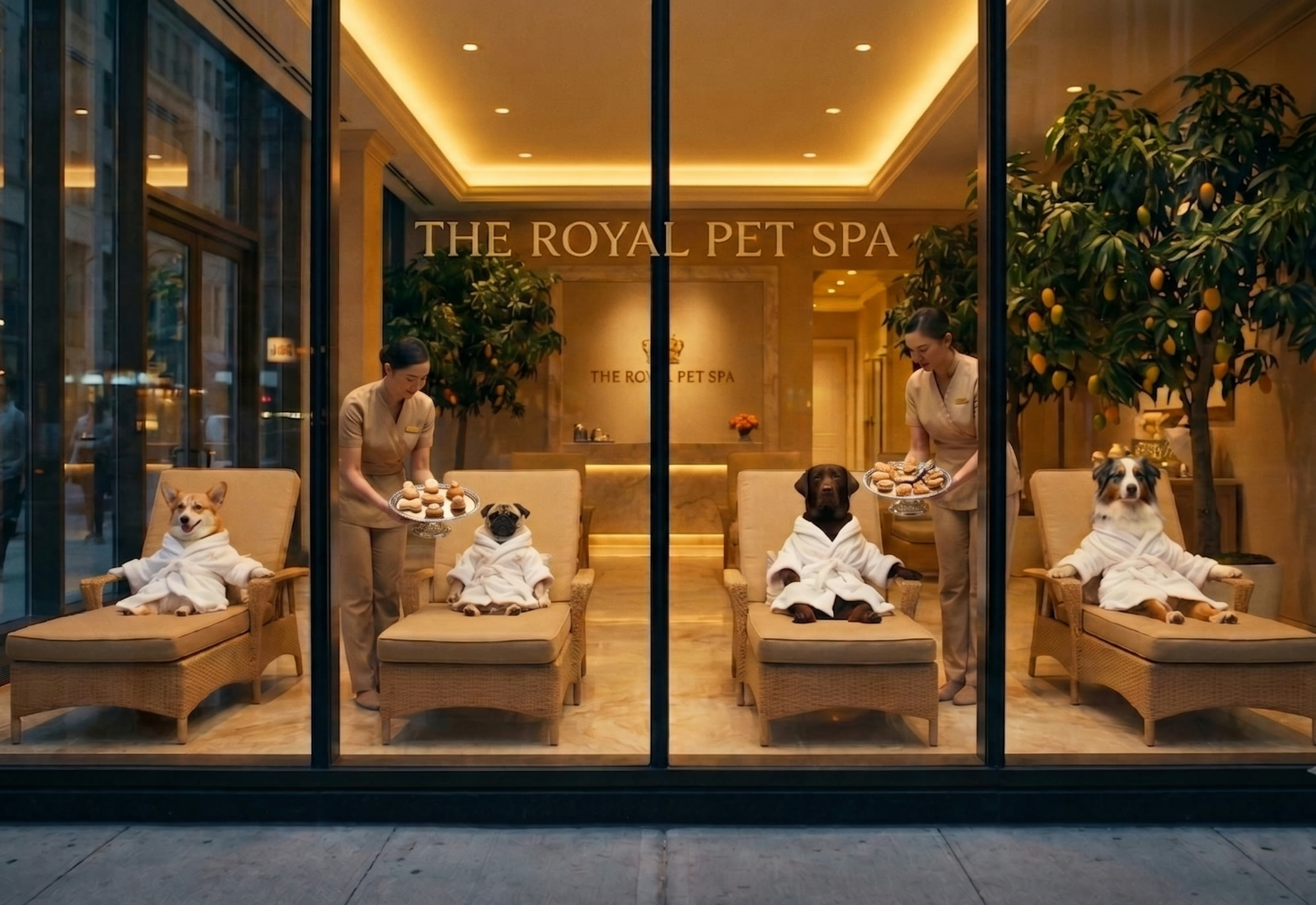 Dogs in spa robes being served treats at a luxury pet spa